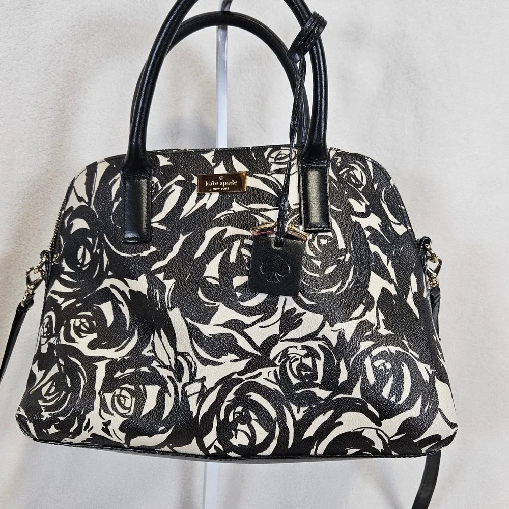 Kate Spade‎ Rose Floral Print Satchel Black White Rachel Crossbody Bag